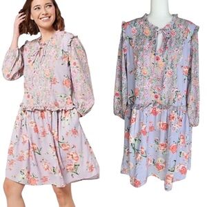 Tolani Orchid Floral Print Tie Neck Ruffle Drop Waist Midi Dress - L